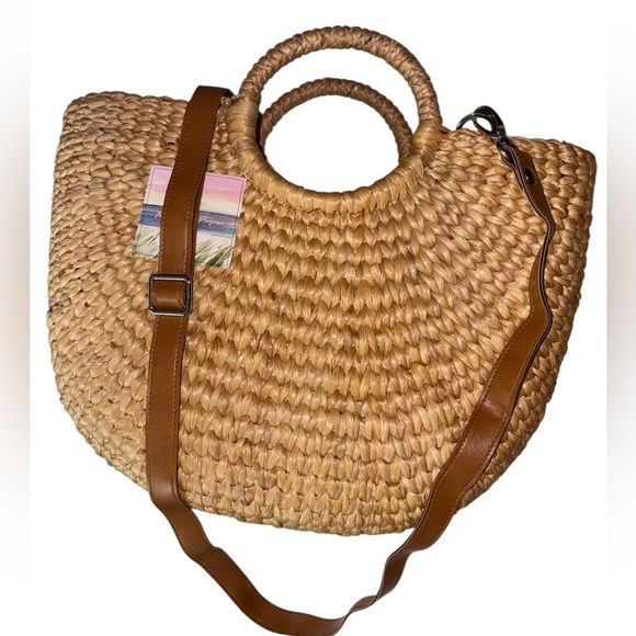 Natural fiber woven Satchel Crossbody Half Moon Circle Handle vacation beach bag - Picture 3 of 9